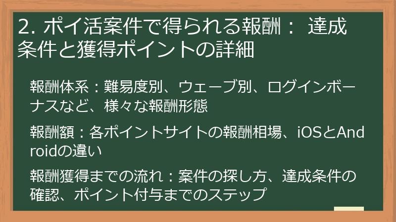 2. ポイ活案件で得られる報酬： 達成条件と獲得ポイントの詳細