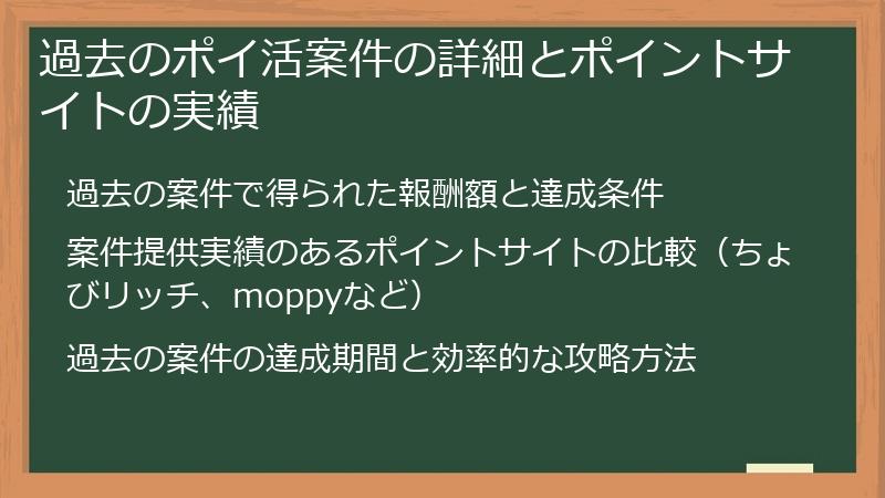 過去のポイ活案件の詳細とポイントサイトの実績
