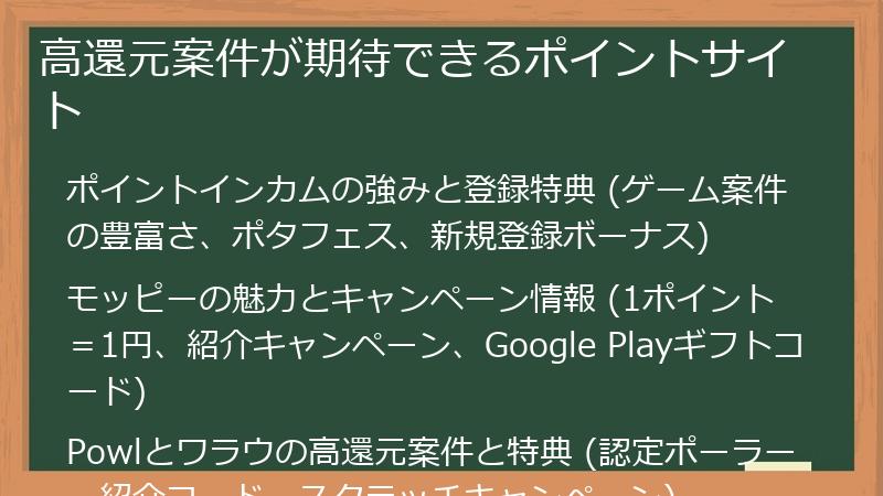 高還元案件が期待できるポイントサイト