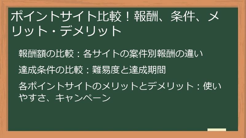 ポイントサイト比較！報酬、条件、メリット・デメリット