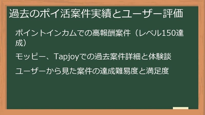 過去のポイ活案件実績とユーザー評価