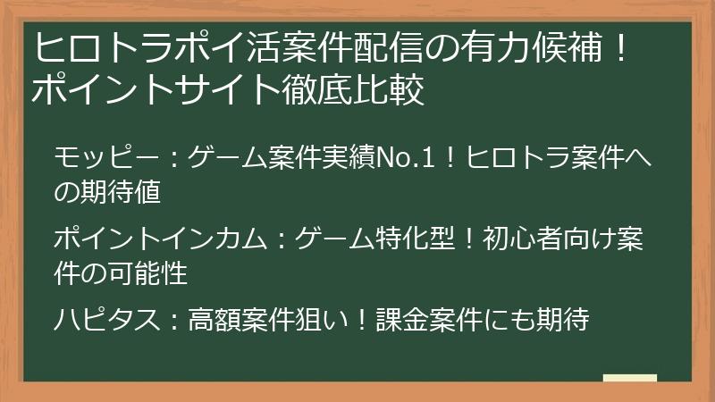 ヒロトラポイ活案件配信の有力候補！ポイントサイト徹底比較