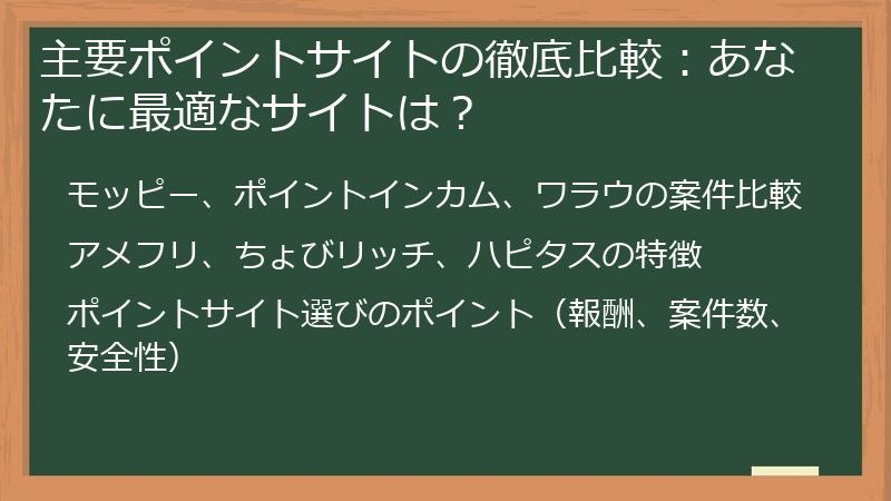 主要ポイントサイトの徹底比較:あなたに最適なサイトは?