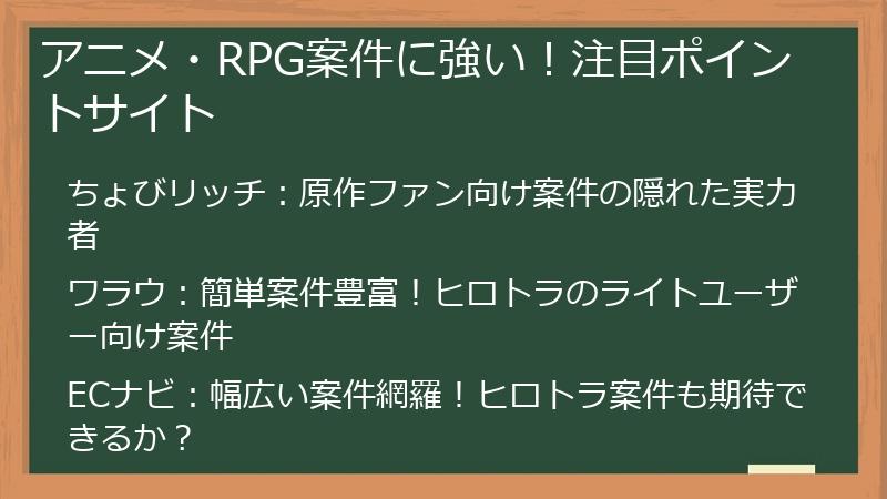 アニメ・RPG案件に強い！注目ポイントサイト