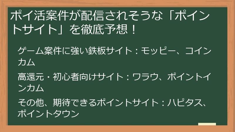 ポイ活案件が配信されそうな「ポイントサイト」を徹底予想！