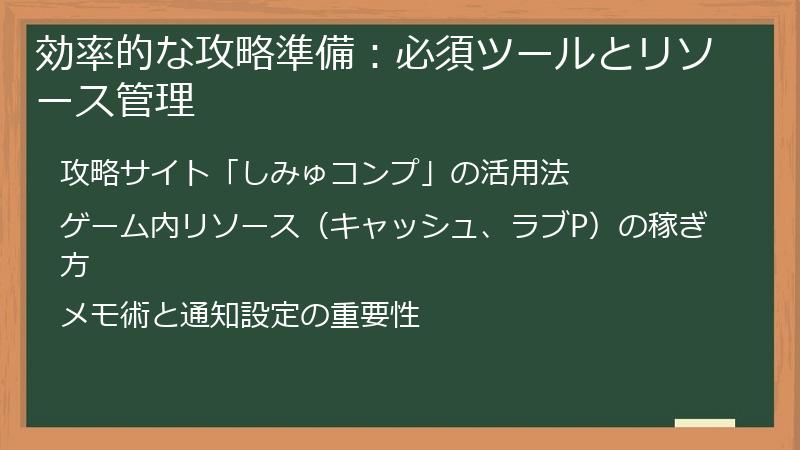 効率的な攻略準備：必須ツールとリソース管理