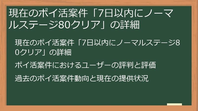現在のポイ活案件「7日以内にノーマルステージ80クリア」の詳細