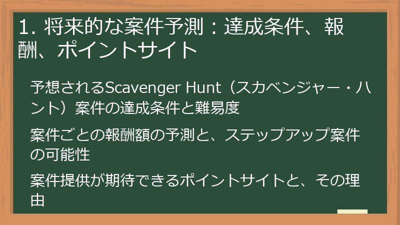 1. 将来的な案件予測：達成条件、報酬、ポイントサイト
