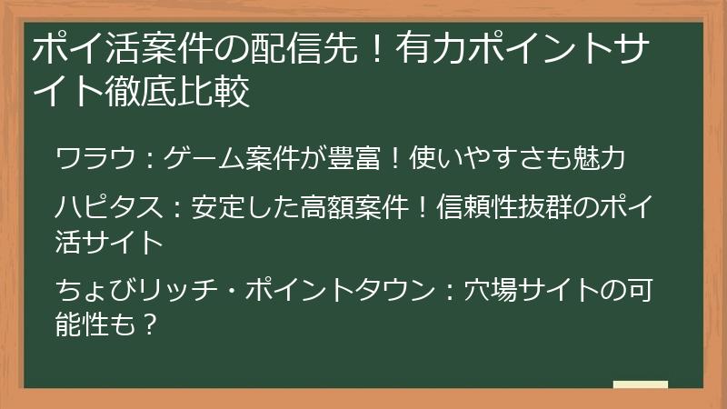 ポイ活案件の配信先！有力ポイントサイト徹底比較