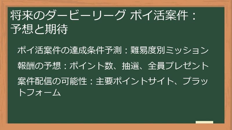 将来のダービーリーグ ポイ活案件：予想と期待