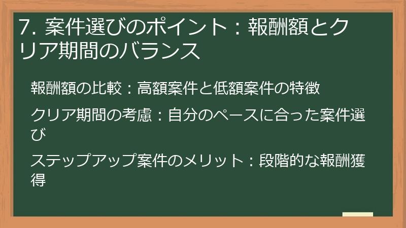 7. 案件選びのポイント：報酬額とクリア期間のバランス
