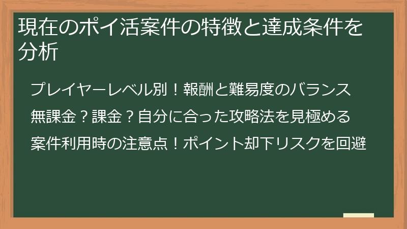現在のポイ活案件の特徴と達成条件を分析