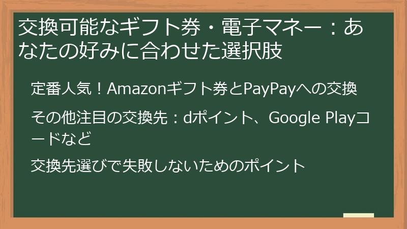交換可能なギフト券・電子マネー：あなたの好みに合わせた選択肢