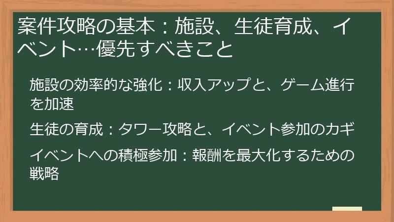 案件攻略の基本：施設、生徒育成、イベント…優先すべきこと