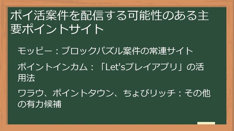 ポイ活案件を配信する可能性のある主要ポイントサイト