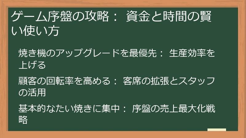 ゲーム序盤の攻略： 資金と時間の賢い使い方