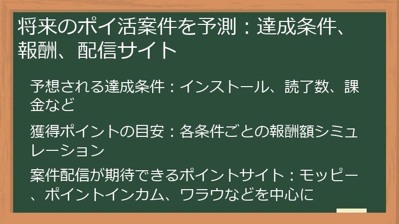 将来のポイ活案件を予測：達成条件、報酬、配信サイト