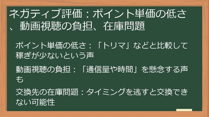 ネガティブ評価：ポイント単価の低さ、動画視聴の負担、在庫問題