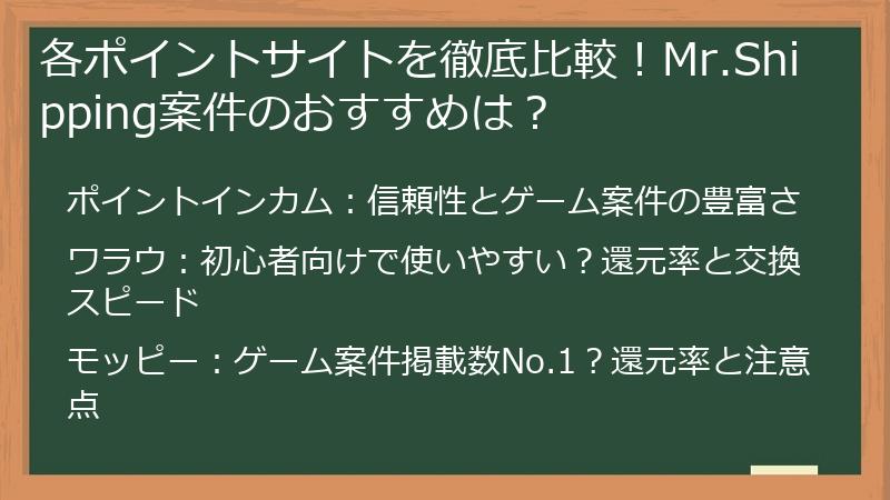 各ポイントサイトを徹底比較！Mr.Shipping案件のおすすめは？
