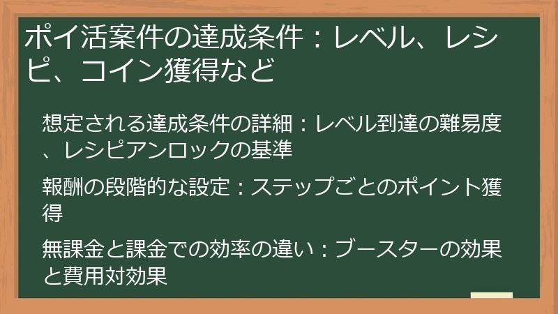 ポイ活案件の達成条件：レベル、レシピ、コイン獲得など