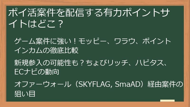 ポイ活案件を配信する有力ポイントサイトはどこ？