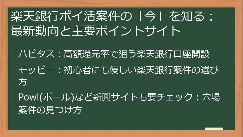 楽天銀行ポイ活案件の「今」を知る：最新動向と主要ポイントサイト