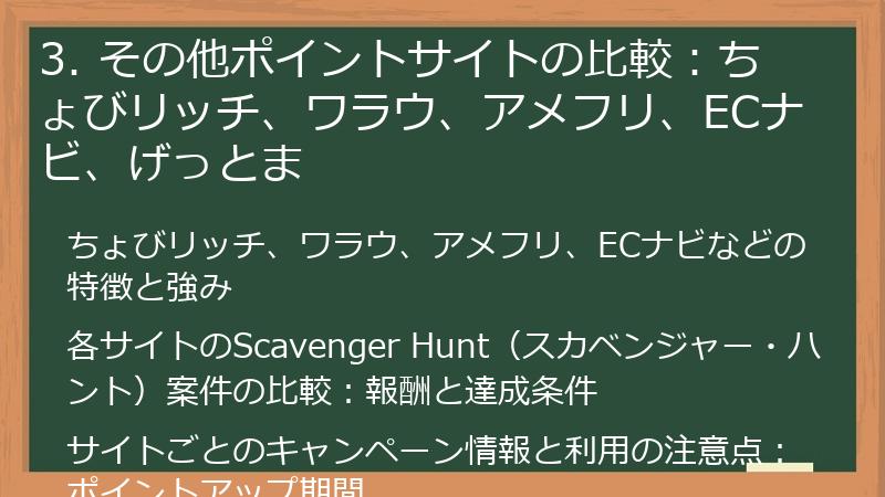 3. その他ポイントサイトの比較：ちょびリッチ、ワラウ、アメフリ、ECナビ、げっとま