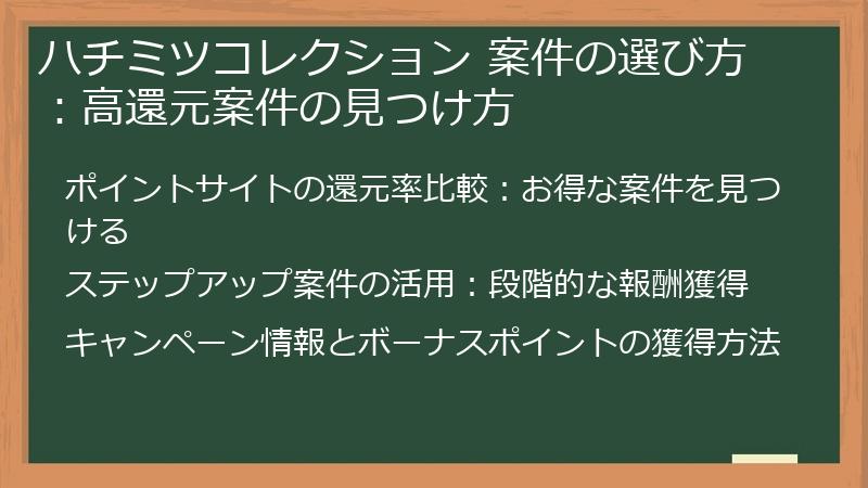 ハチミツコレクション 案件の選び方：高還元案件の見つけ方