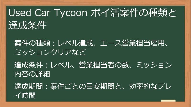 Used Car Tycoon ポイ活案件の種類と達成条件