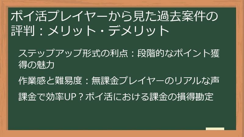 ポイ活プレイヤーから見た過去案件の評判：メリット・デメリット