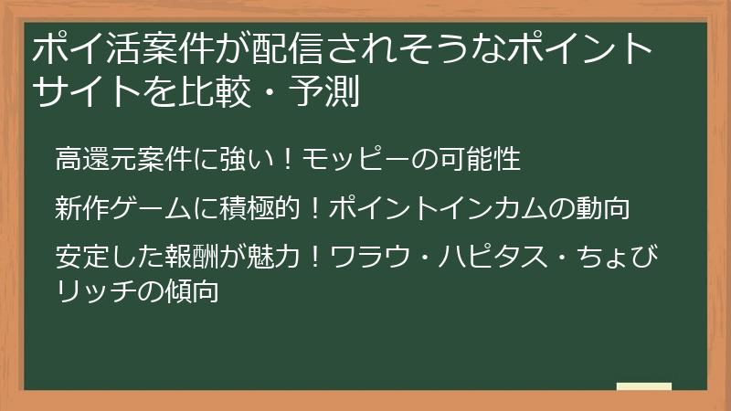 ポイ活案件が配信されそうなポイントサイトを比較・予測