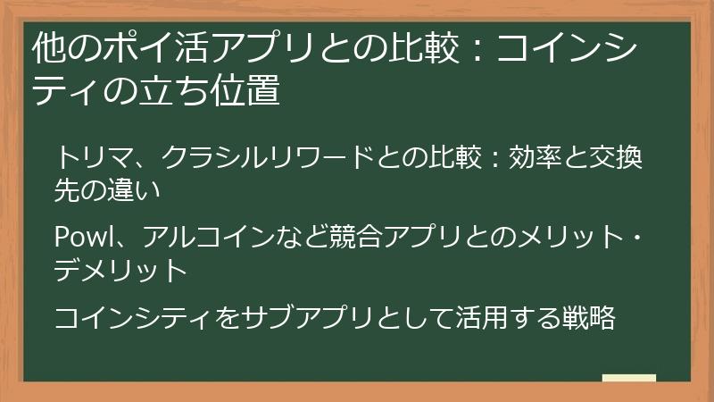 他のポイ活アプリとの比較：コインシティの立ち位置
