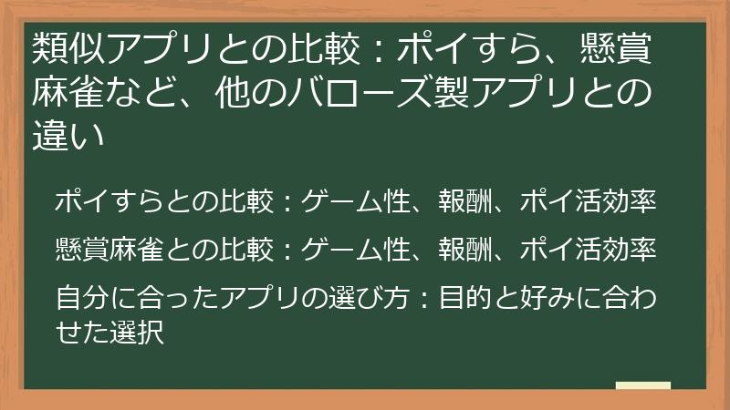 類似アプリとの比較：ポイすら、懸賞麻雀など、他のバローズ製アプリとの違い