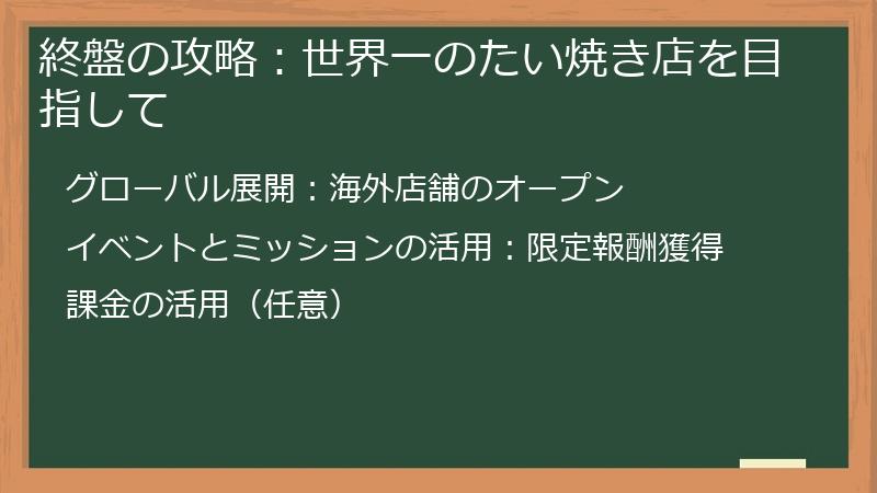 終盤の攻略：世界一のたい焼き店を目指して