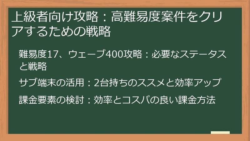 上級者向け攻略：高難易度案件をクリアするための戦略