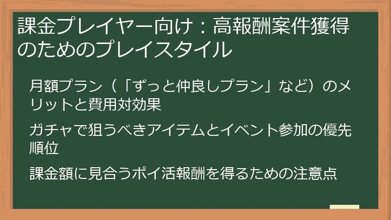 課金プレイヤー向け：高報酬案件獲得のためのプレイスタイル