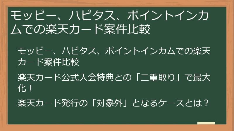 モッピー、ハピタス、ポイントインカムでの楽天カード案件比較