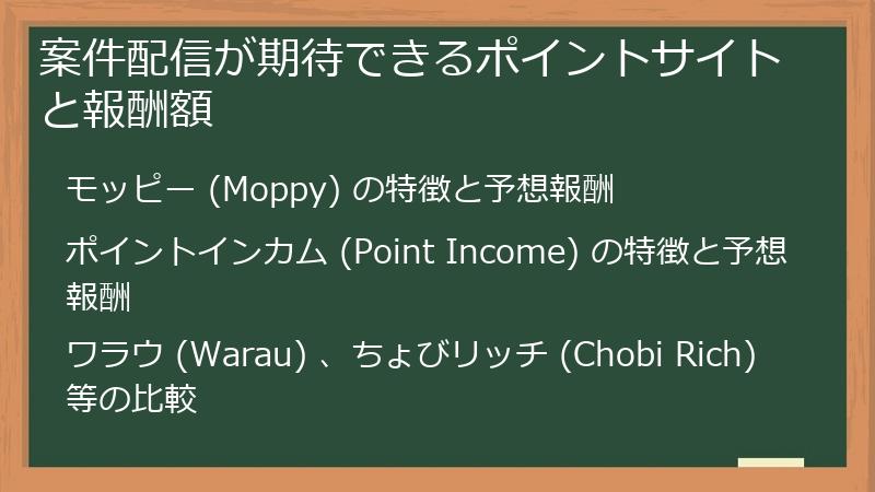 案件配信が期待できるポイントサイトと報酬額