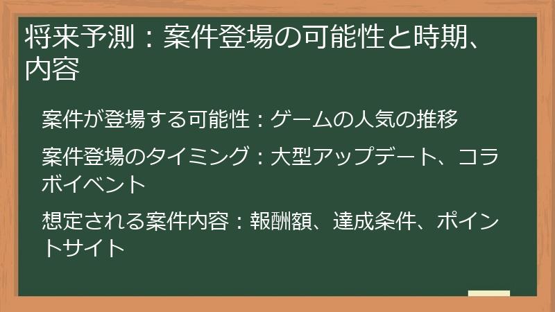 将来予測：案件登場の可能性と時期、内容