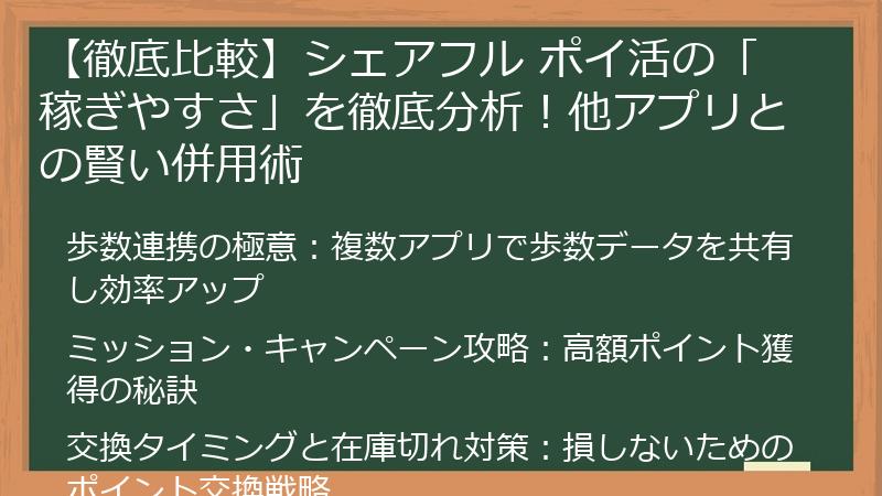 【徹底比較】シェアフル ポイ活の「稼ぎやすさ」を徹底分析！他アプリとの賢い併用術