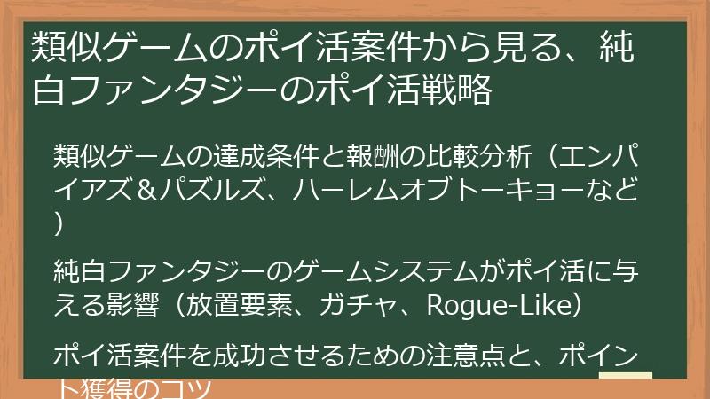 類似ゲームのポイ活案件から見る、純白ファンタジーのポイ活戦略