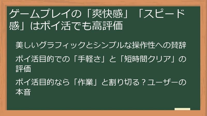 ゲームプレイの「爽快感」「スピード感」はポイ活でも高評価