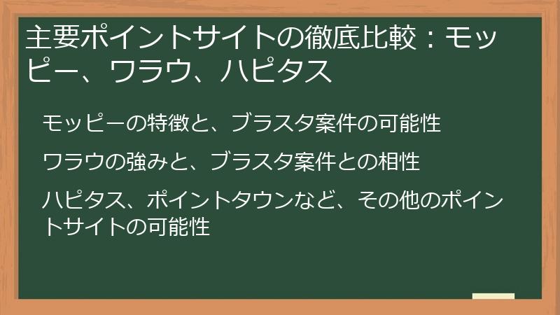 主要ポイントサイトの徹底比較：モッピー、ワラウ、ハピタス