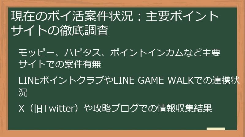 現在のポイ活案件状況:主要ポイントサイトの徹底調査