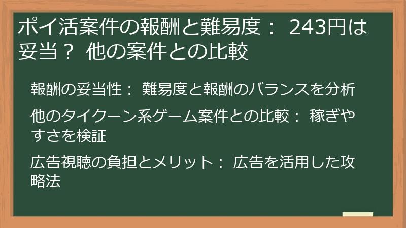ポイ活案件の報酬と難易度： 243円は妥当？ 他の案件との比較