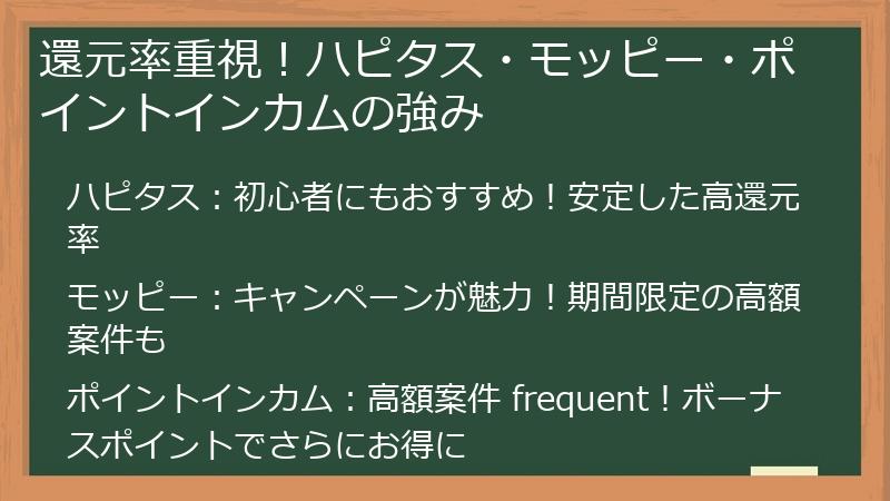 還元率重視！ハピタス・モッピー・ポイントインカムの強み