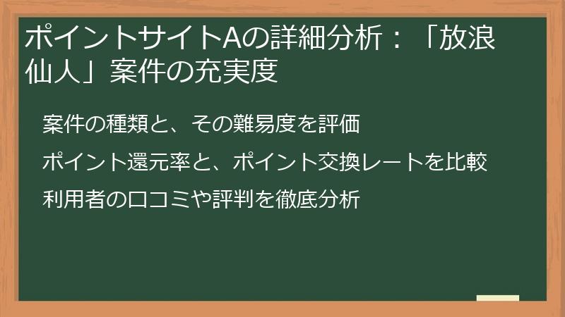 ポイントサイトAの詳細分析：「放浪仙人」案件の充実度