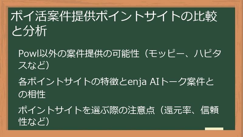 ポイ活案件提供ポイントサイトの比較と分析