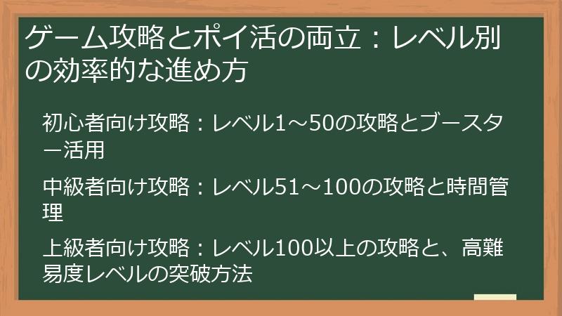 ゲーム攻略とポイ活の両立：レベル別の効率的な進め方