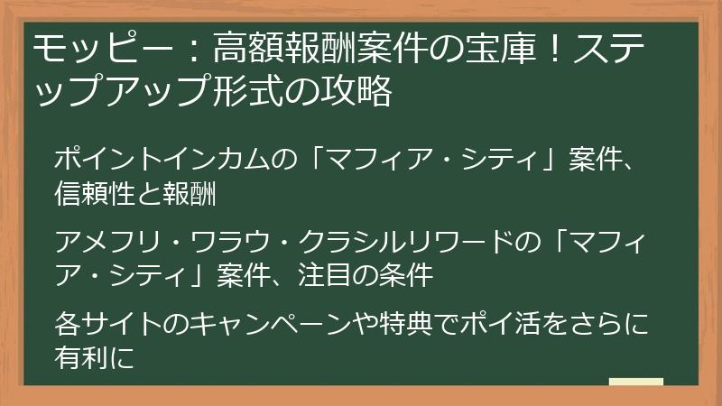 モッピー:高額報酬案件の宝庫!ステップアップ形式の攻略